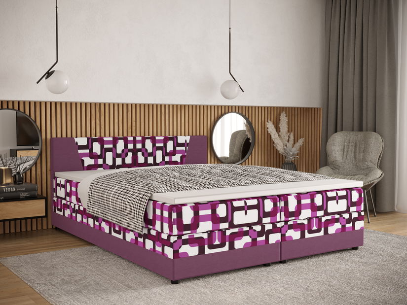 Manželská postel Boxspring 140 cm Linda Comfort (vzor + fialová) (s matrací a úložným prostorem)