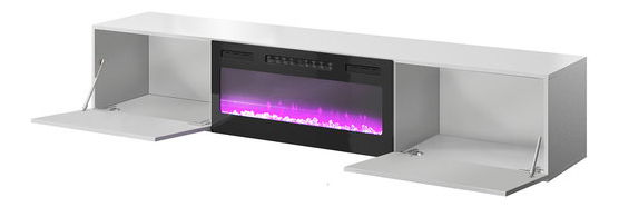 Závěsná TV skříňka s krbem Kdy 200 (černá + lesk černý + lesk bílý)