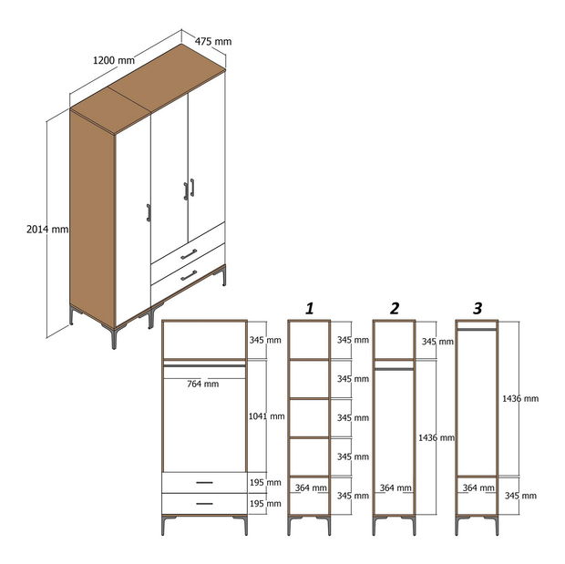 Šatní skříň Kiara PT (ořech + krémová)