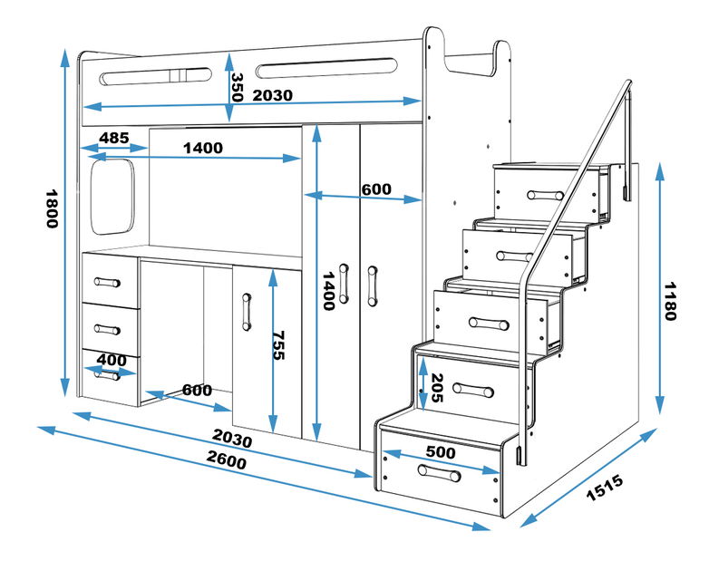Patrová postel 80 x 200 cm Moxxo 4 (bílá + bílá) (s rošty, matracemi a úl. prostorem)