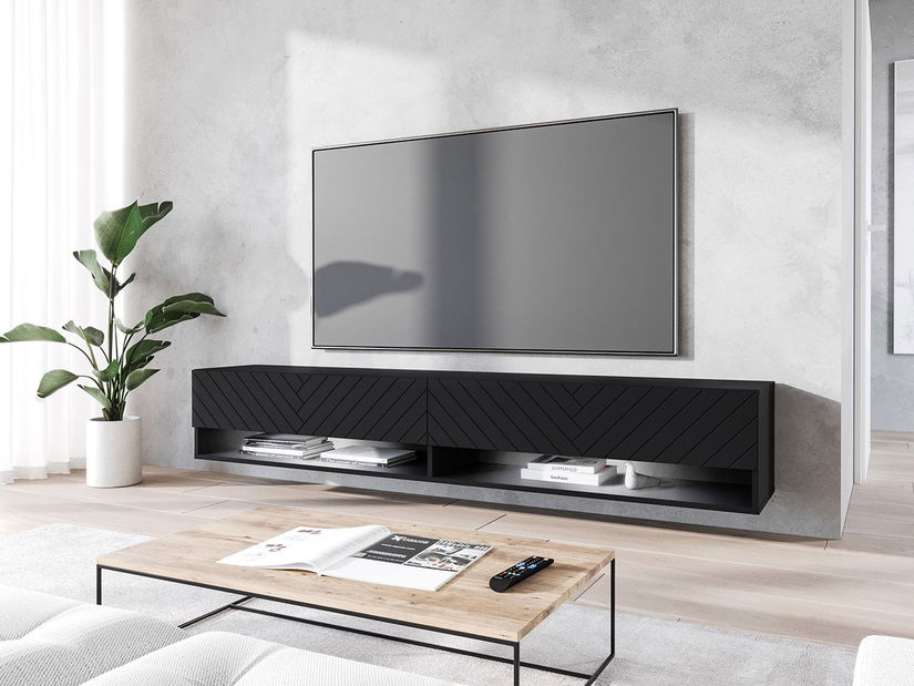 Závěsná TV skříňka Adenuk 140 MDF (černá grafit + rybí kost černá) (s LED RGB osvětlením)