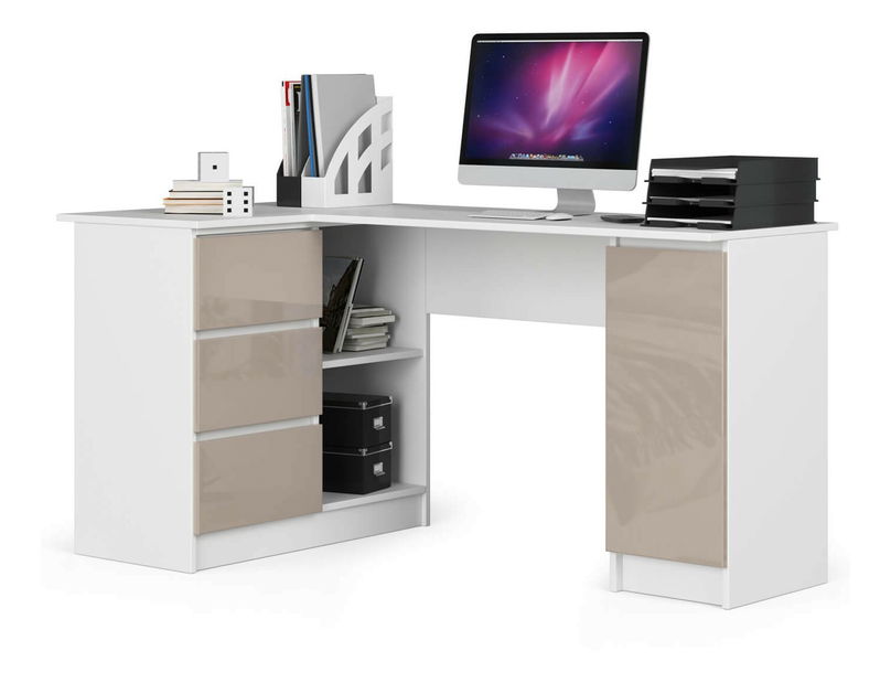 Rohový PC stolek Bevin (bílá + cappuccino lesk) (L)