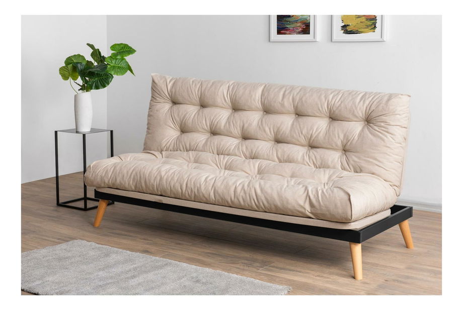 Rozkládací pohovka Sakotta (krémová + dřevo)