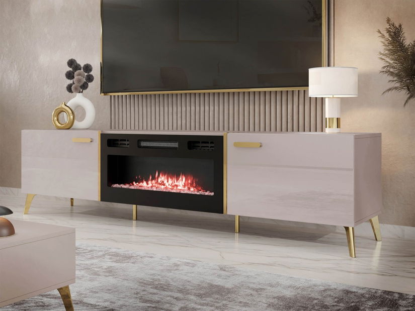TV skříňka/stolek s elektrickým krbem Rostasi EF (kašmír lesklý + zlatá)