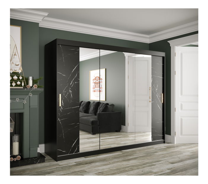 Šatní skříň 250 cm Marbelo T2 (matná černá + černý mramor)