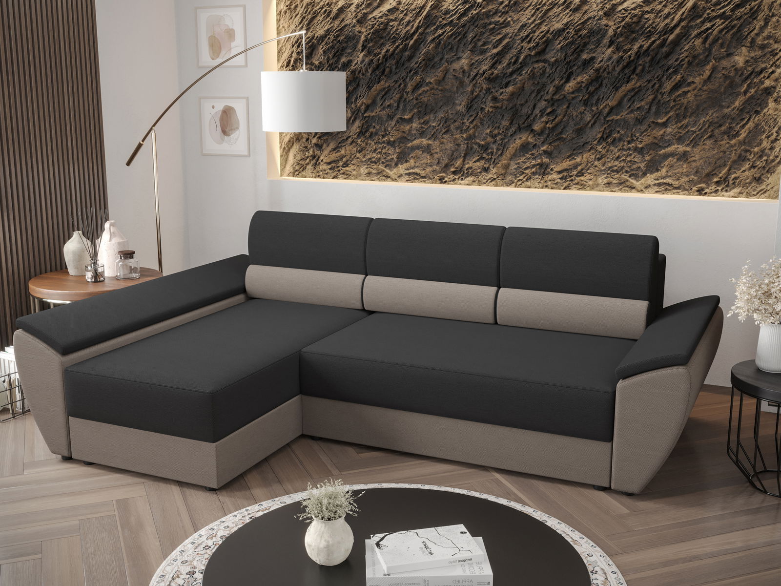 Rohová sedací souprava Radiant L3 (černá + capuccino) (L)