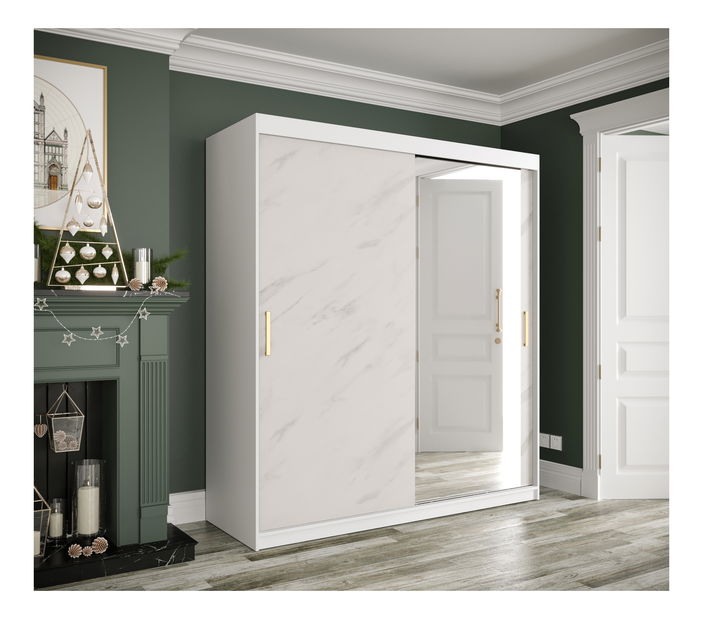 Šatní skříň 180 cm Marbelo T2 (matná bílá + bílý mramor)