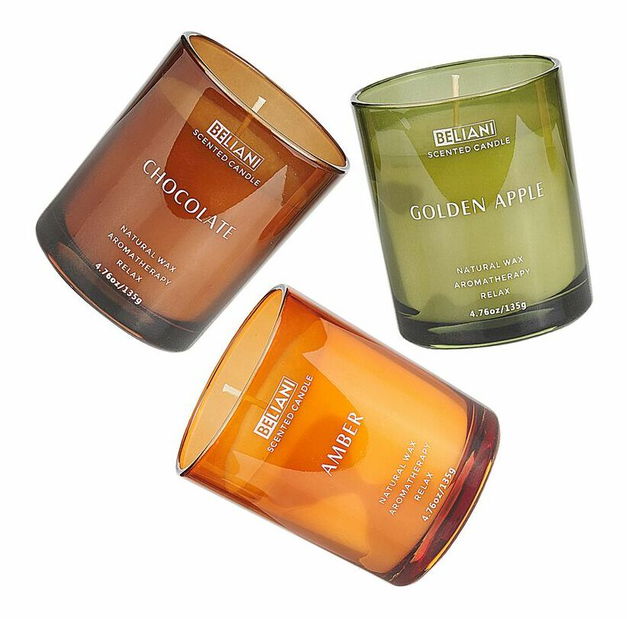 Sada 3 ks vonných svíček jablko/čokoláda/jantar Joyza (zelená)