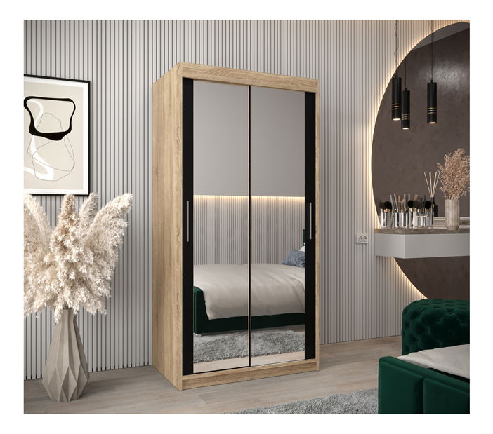 Šatní skříň 100 cm Toki 3 (Dub sonoma + Černá matná)