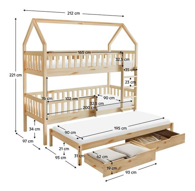 Dětská patrová postel s přistýlkou 90 cm Virtuoso (přírodní) (s roštem) (s úl. prostorem)