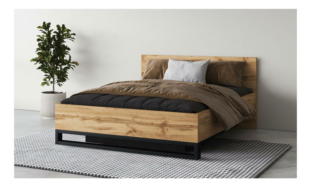 Manželská postel Helles 160 (dub wotan + černá) (s roštem) (s úložným prostorem)