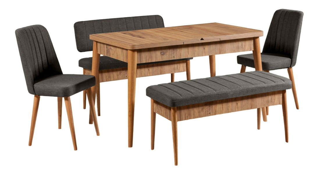 Rozkládací jídelní stůl se 2 židlemi a 2 lavicemi Vlasta (ořech + antracit)
