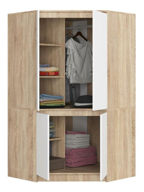 Rohová šatní skříň Sumergible (dub sonoma + bílá)