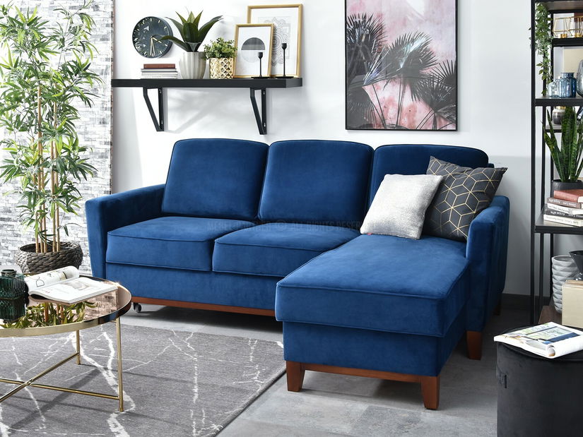 Rohová sedačka Biblioteca (tmavě modrá + ořech)