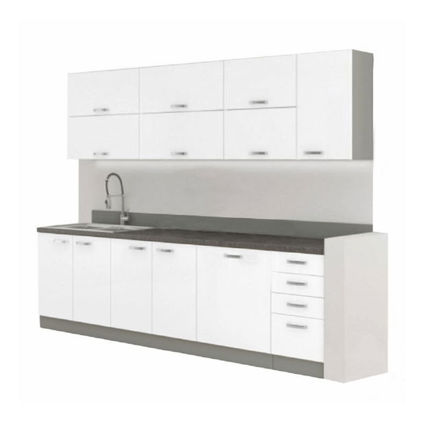 Kuchyně Primula 260 cm (šedá + extra vysoký lesk bílý)