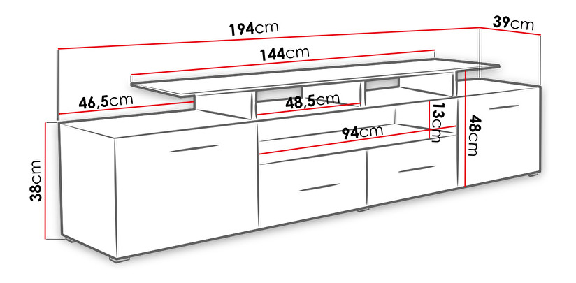 TV stolek + skříňka Blaise (bílá + šedý lesk) (osvětlení LED bílé)