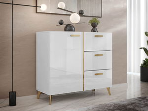 Komoda Rostasi 1D3SZ (bílá + bílá lesklá + zlatá)