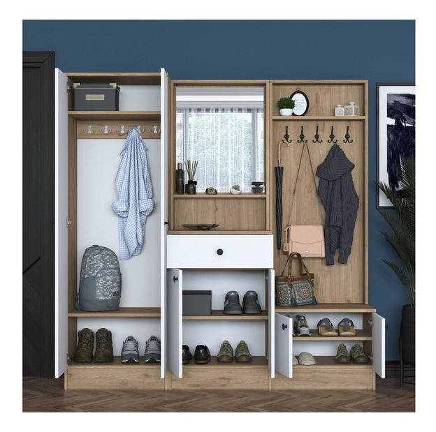 Předsíňová stěna Pixie 3 (bílá + ořech) (se zrcadlem)