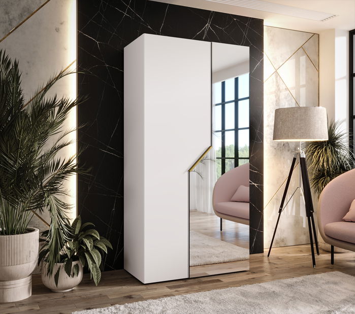 Šatní skříň Alaris 2 100 (bílá + zlatá) (se zrcadlem)