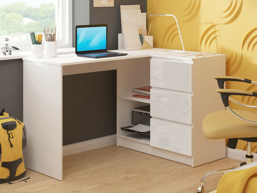 Rohový PC stolek Bodhi (bílá + bílý lesk) (P)