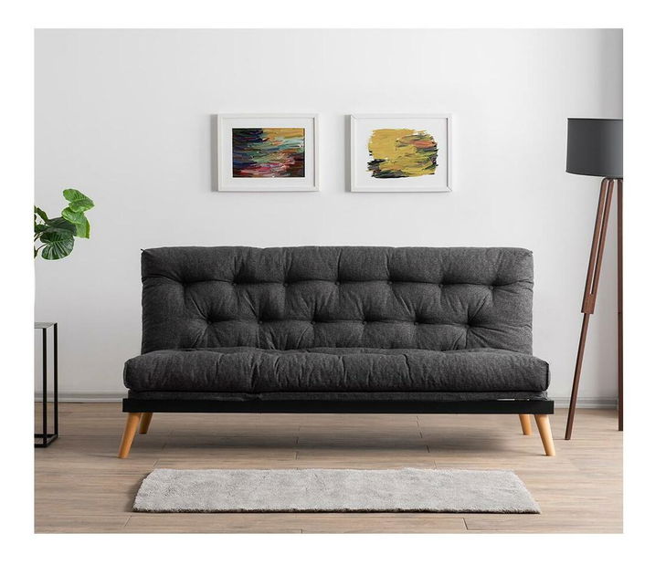 Rozkládací pohovka Sakotta (tmavě šedá + dřevo)