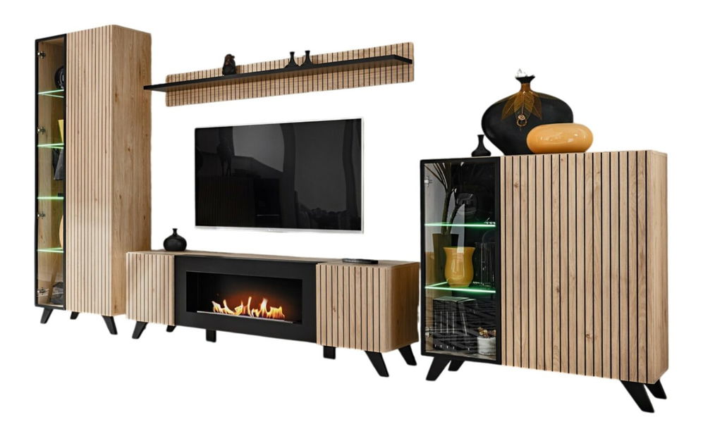 Obývací stěna Lyran (hikora jackson + černá) (s LED osvětlením) (s bio krbem)