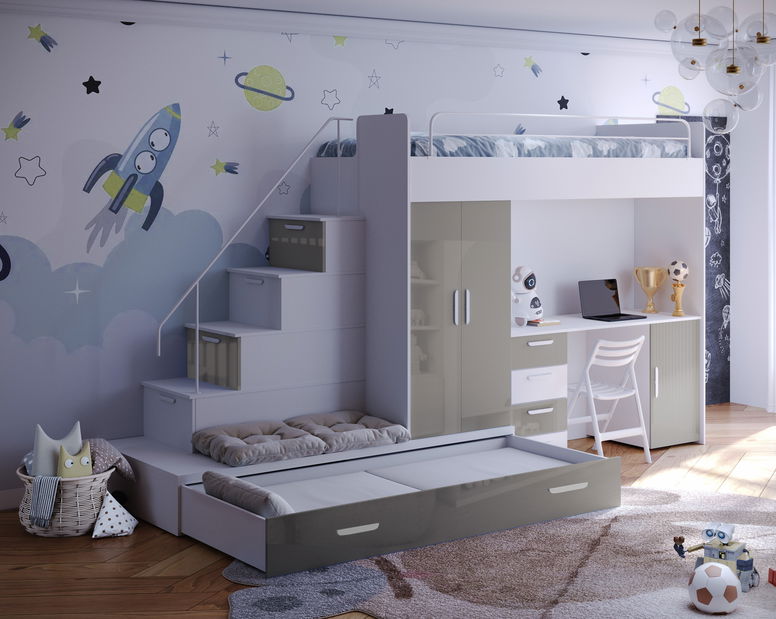 Dětská postel Ruby V (Bílá + Šedá) (s rošty)
