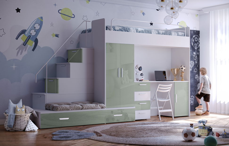 Dětská postel Ruby V (bílá + lesk mátový) (s rošty)