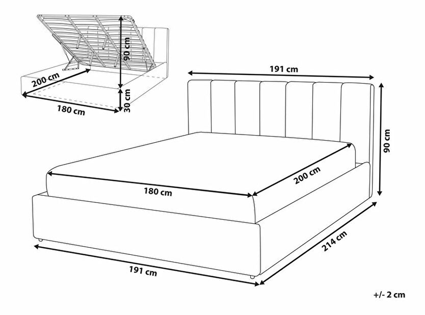 Manželská postel 180 cm DARGAN (šedá) (umělá kůže) (s roštem a úl. prostorem)