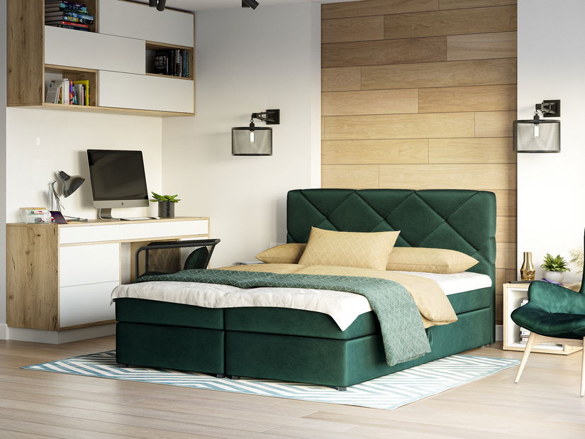 Boxspring postel 160x200 cm Karum (tmavě zelená) (s roštem a matrací)