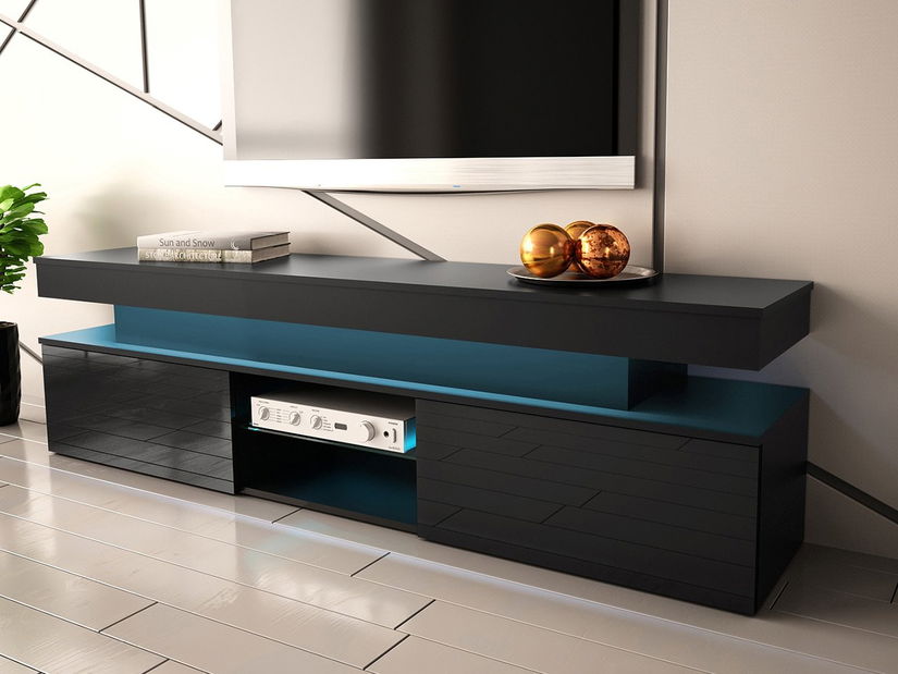 TV skříňka Lesteralo 2D 190 (černá + lesk černý) (s modrým LED osvětlením)