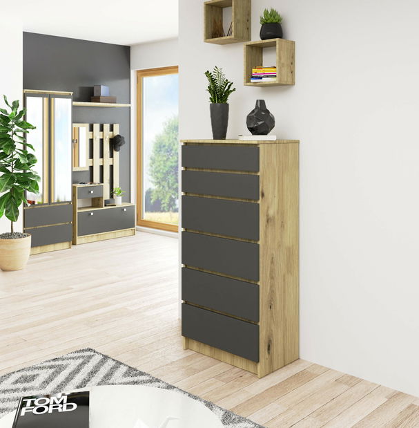 Komoda Kalista III (dub artisan + šedá)