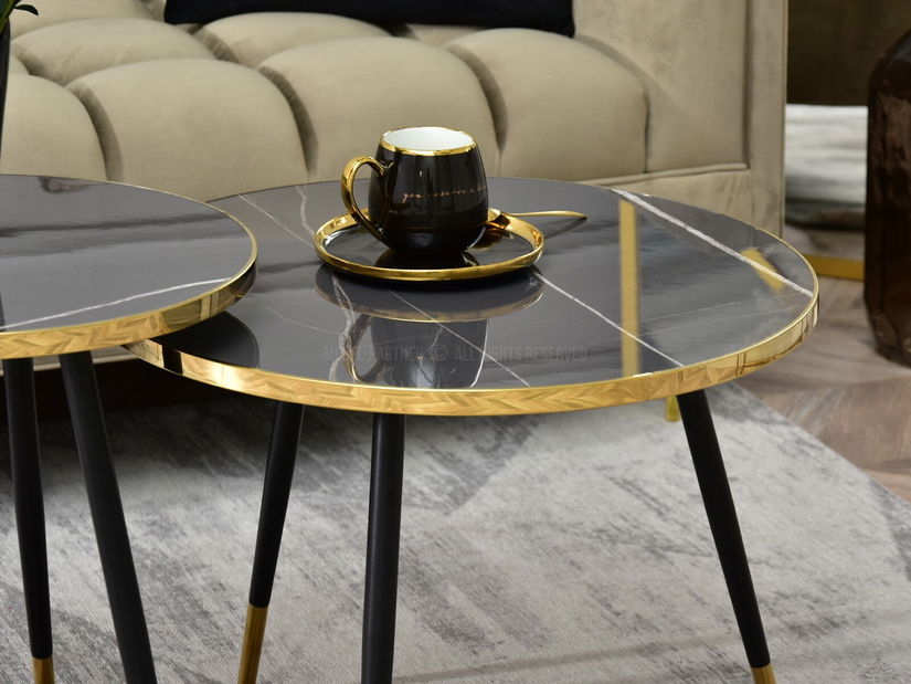 Set 2 konferenčních stolků Zoya Zest S (mramor grafit + zlatá + černá)