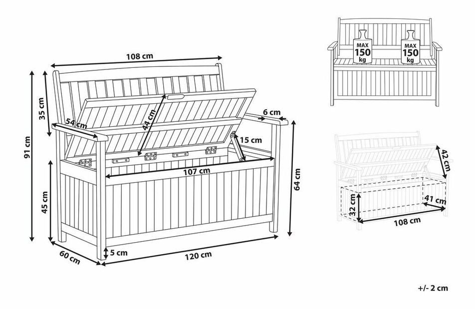 Zahradní lavička Sefu (tmavé dřevo + šedá) (s úl. prostorem))