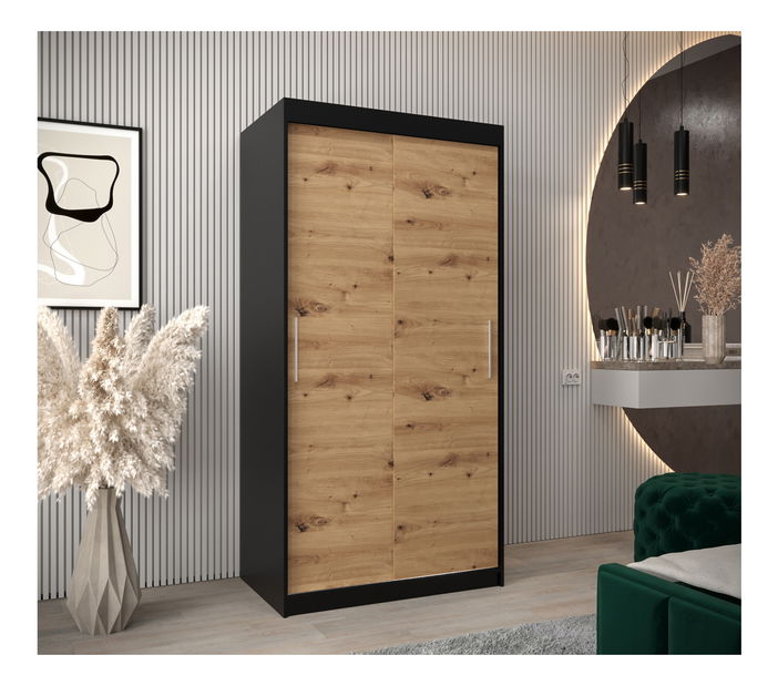 Šatní skříň 100 cm Toki (Černá matná + Dub artisan)