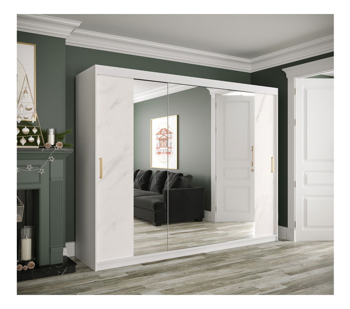 Šatní skříň 250 cm Marbelo T2 (matná bílá + bílý mramor)