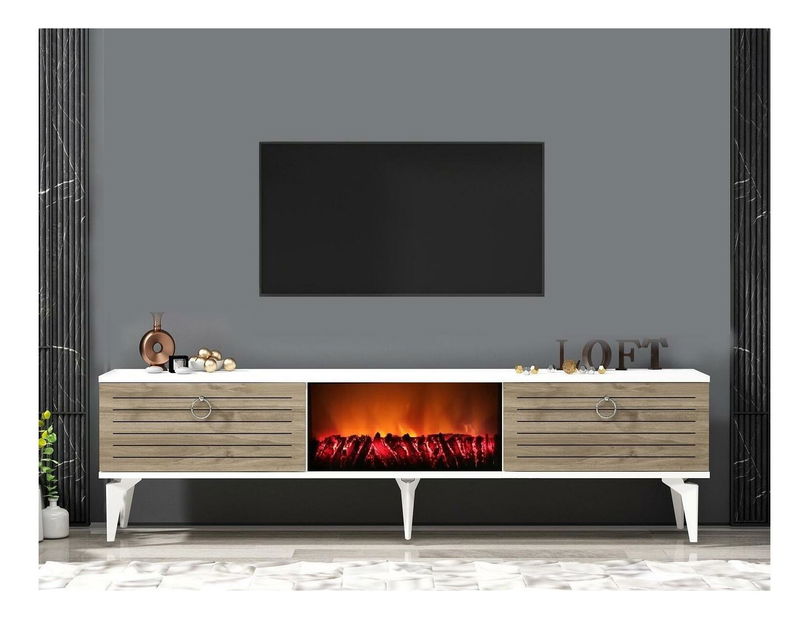 TV stolek/skříňka s krbem Sulotu 2 (bílá + ořech)