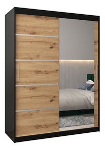 Šatní skříň 180 cm se zrcadlem Verika 2 180 (černá + dub artisan)