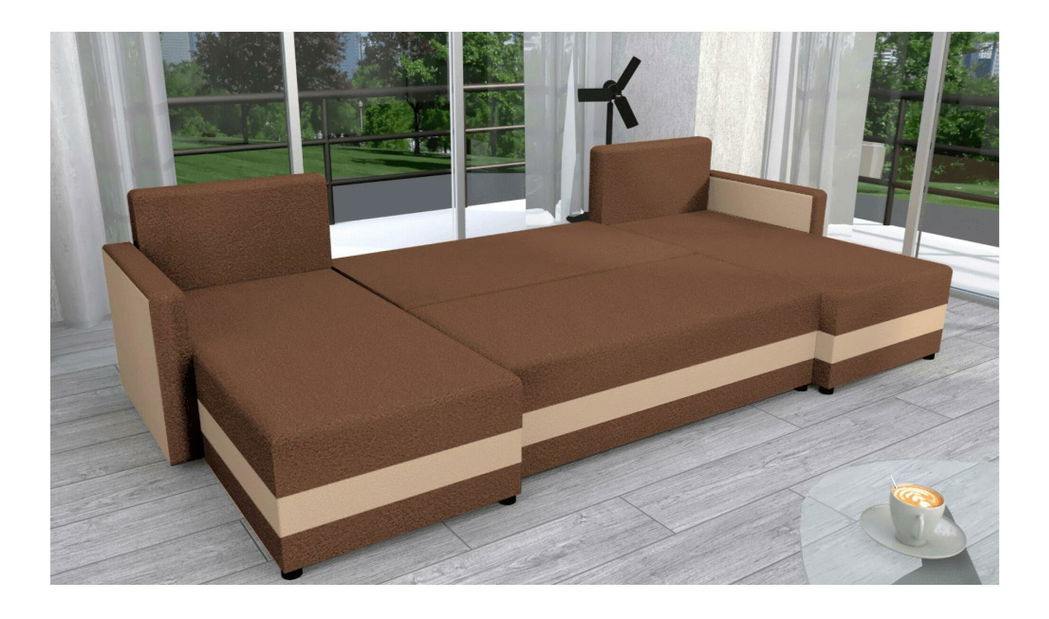 Rohová sedačka ve tvaru U Paulati (hnědá + béžová) (rozkládací s úl. prostorem)