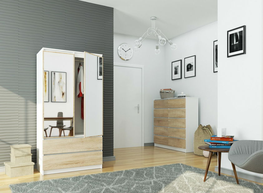 Šatní skříň Submarino (bílá + dub sonoma) (se zrcadlem)