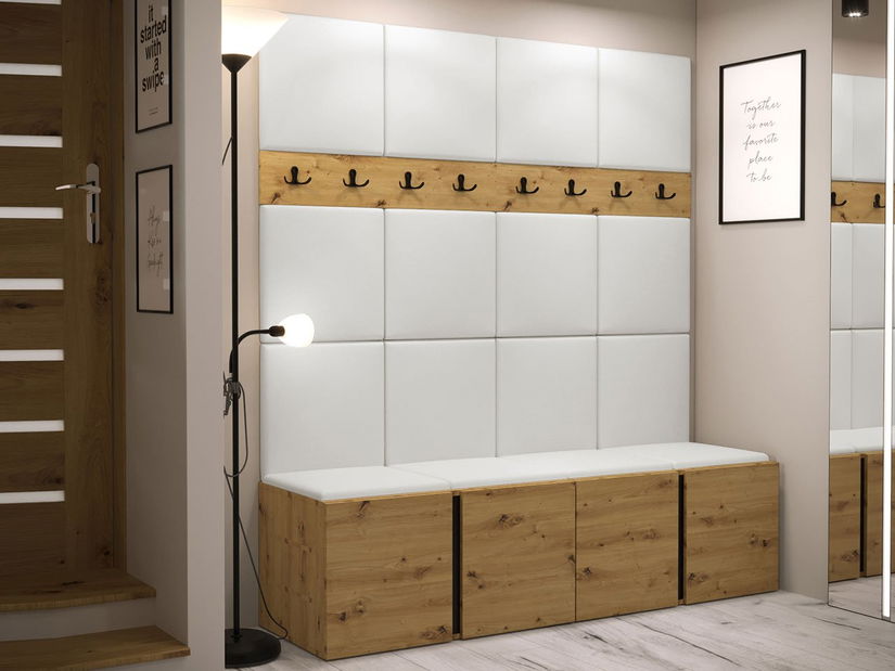 Předsíňová sestava Timothy V (dub artisan + dub artisan + černá) (ekokůže Soft 017 (bílá))