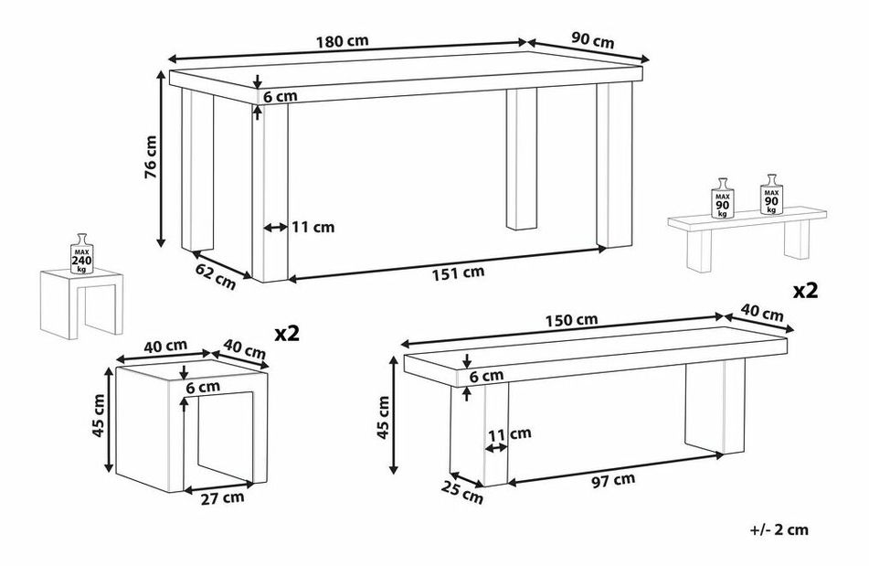 Zahradní set TONUTO 2 (šedá) (s lavicemi a židlemi) (pro 6 osob)