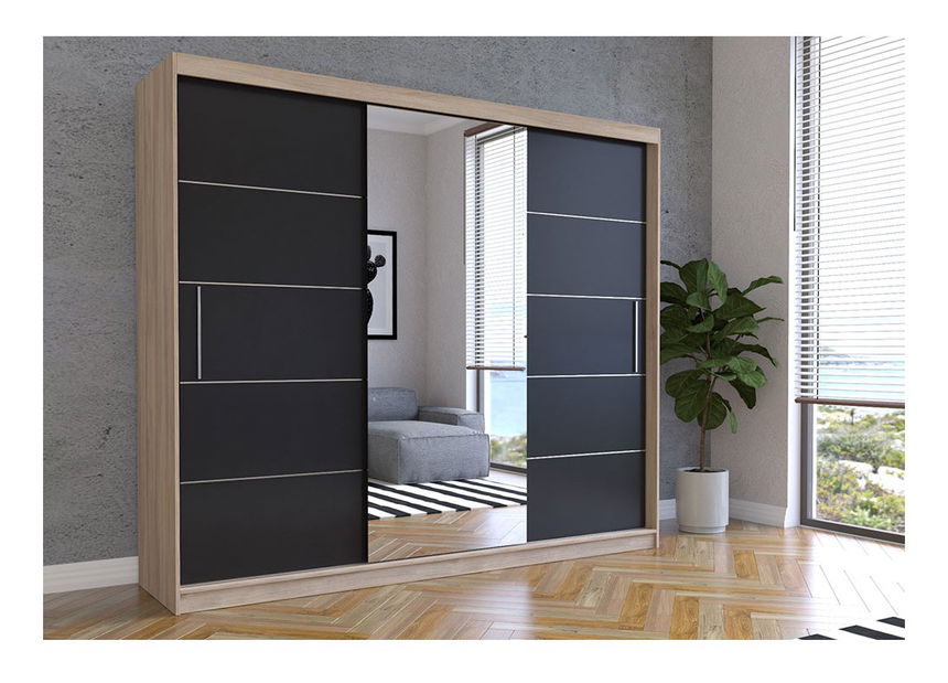 Šatní skříň Arrun (dub sonoma + černá + zrcadlo)