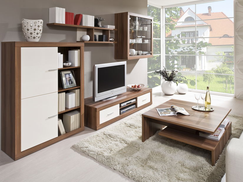 Obývací stěna Decodom Nicola Kombi 51 švestka + lesk vanilka (s osvětlením)