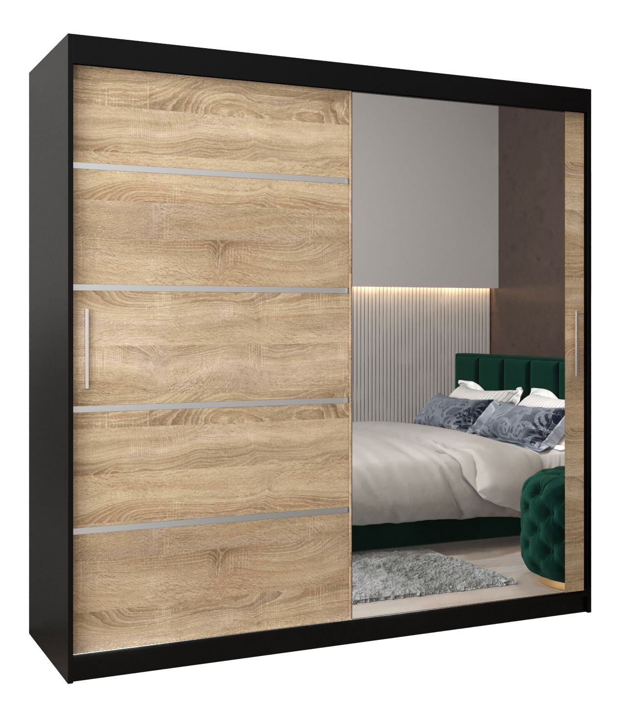 Šatní skříň 250 cm se zrcadlem Verika 2 250 (černá + dub sonoma)