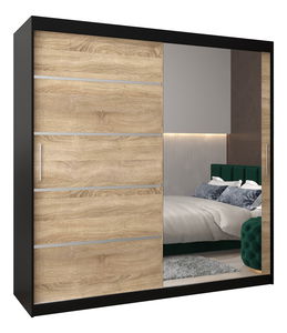 Šatní skříň 250 cm se zrcadlem Verika 2 250 (černá + dub sonoma)