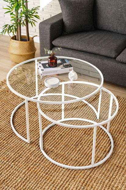 Set konferenčních stolků Belende (bílá + sklo)