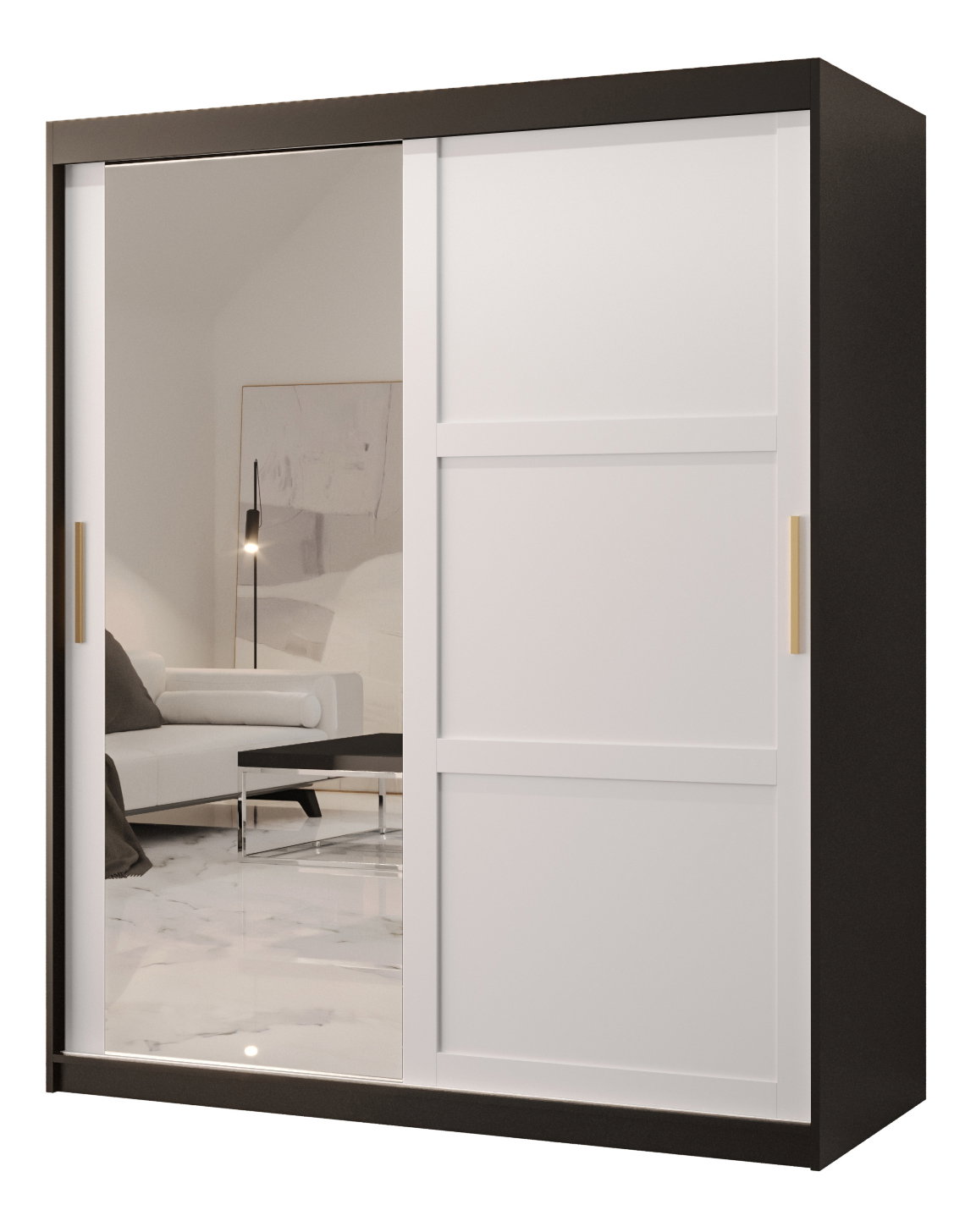 Šatní skříň Riven 2 150 (černá matná + bílá matná) (se zrcadlem)