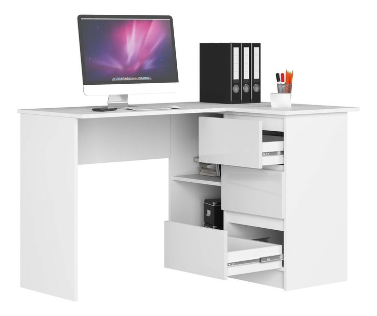 Rohový PC stolek Bodhi (bílá + lesk bílý) (P)
