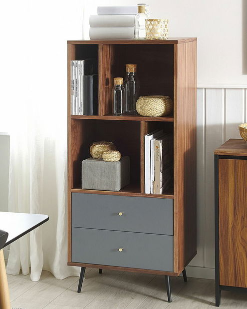 Regál RIMEN (tmavé dřevo + šedá)